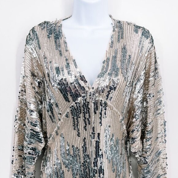 Zara Silver Sequin Maxi Dress Dolman Long Sleeve Metallic Blogger Fave Small - Picture 8 of 16